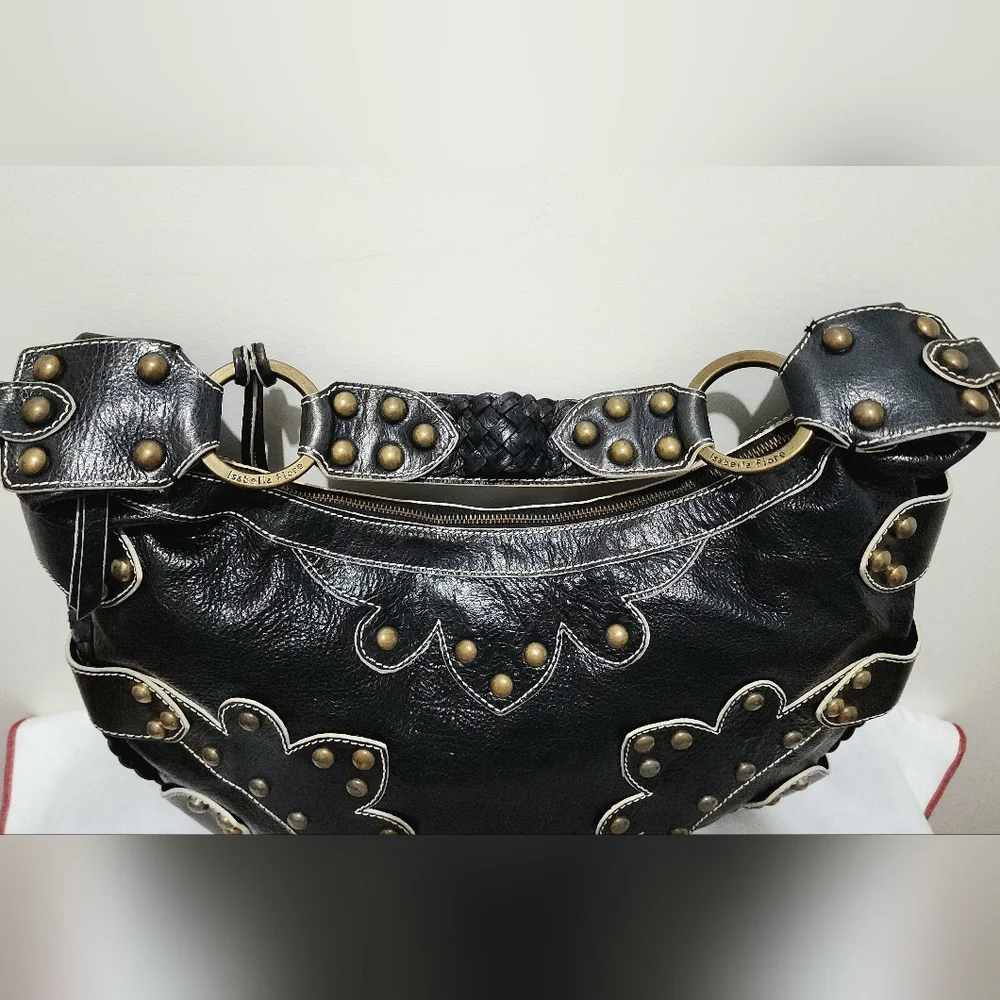 Isabella Fiore Black Leather Studded Braided Hobo Shoulder Bag Boho Western Chic - Picture 9 of 15